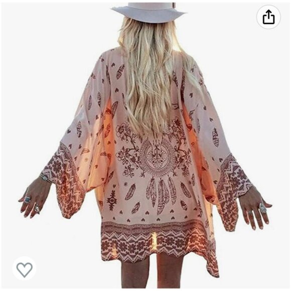 🌸3/$15🌸Peach and Brown Chiffon Boho Open Front Kimono Style Cardigan sz L - Picture 1 of 1